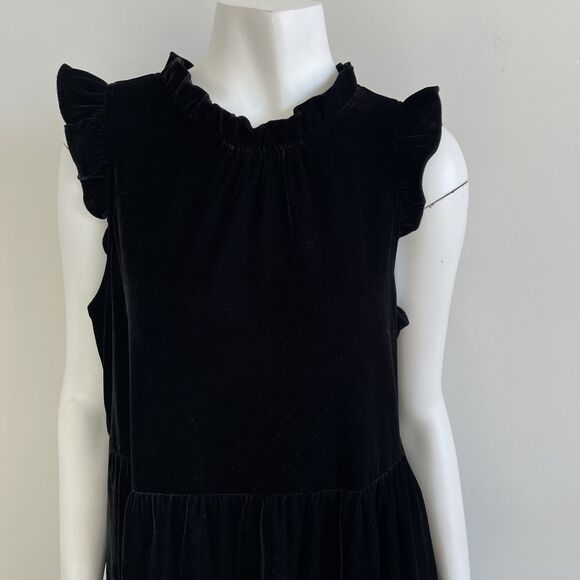 J Crew Sz 8 Black Velvet Tiered Midi Dress Ruffle Neck & Sleeve Stretch Pockets - Picture 5 of 13